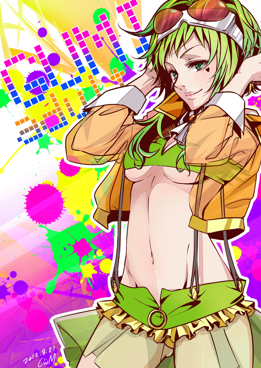 breasts character_name dated goggles goggles_on_head green_eyes green_hair groin gumi heart highres masami_chie medium_breasts megpoid_(vocaloid3) older outline short_hair signature smile solo suspenders underboob vocaloid