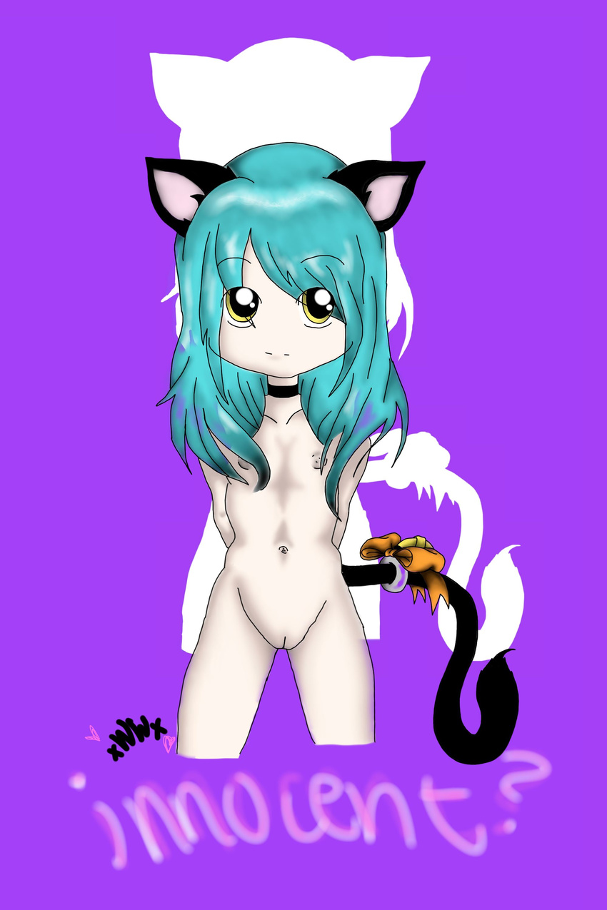 blue_hair bow cub english_text feline female hair looking_at_viewer mammal navel nipples pussy ribbons text xwickedxwillowsx young