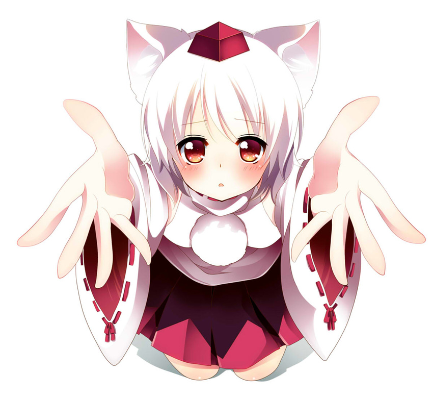 animal_ears bad_id bad_pixiv_id blush detached_sleeves hat inubashiri_momiji looking_at_viewer open_mouth outstretched_arms red_eyes shirt short_hair silver_hair skirt solo takeno_koko tokin_hat touhou wide_sleeves wolf_ears
