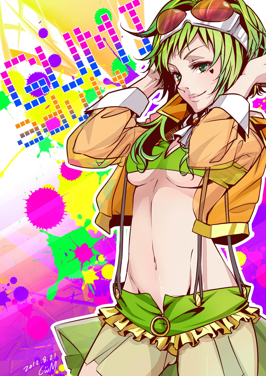 bad_id bad_pixiv_id breasts frills goggles goggles_on_head green_hair groin gumi heart highres lips masami_chie medium_breasts megpoid_(vocaloid3) navel older paint_splatter revision see-through short_hair smile solo suspenders underboob vocaloid