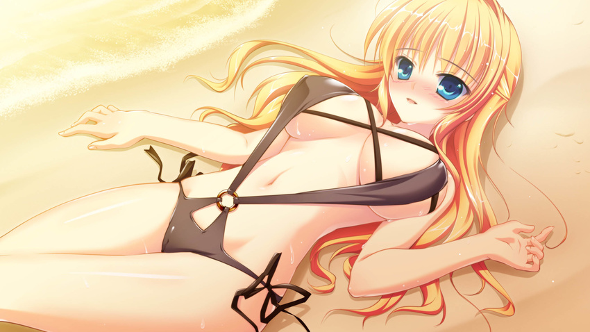 beach bikini blonde_hair blue_eyes blush breasts game_cg half_updo highres kazamatsuri_koromo large_breasts long_hair lying manatsu_no_yoru_no_yuki_monogatari mikeou sand slingshot_swimsuit swimsuit