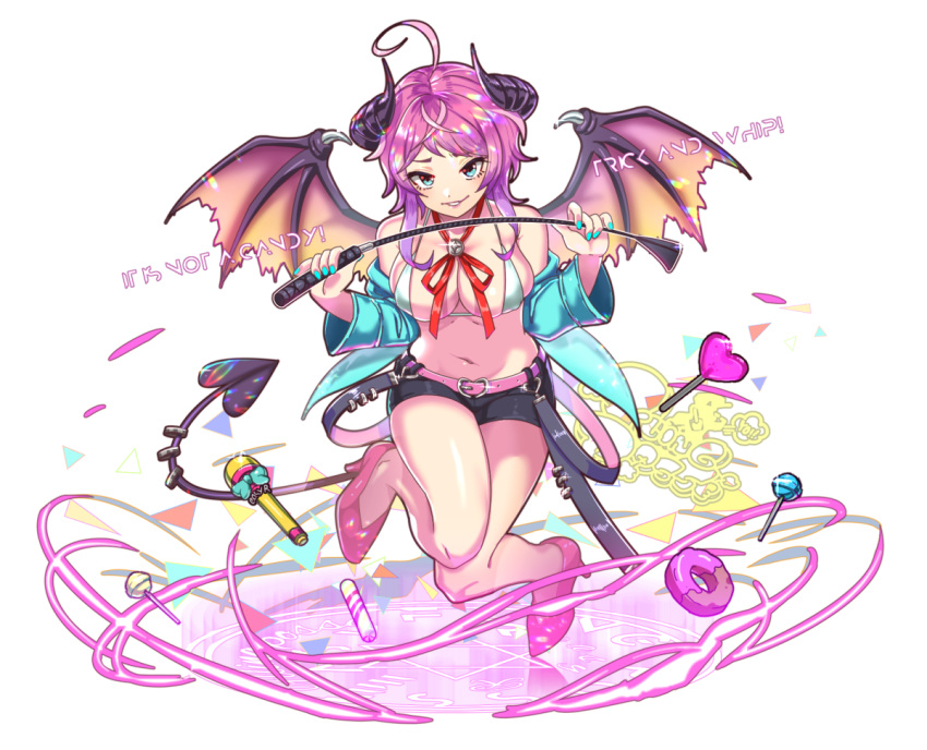 1girl amemura_ramuda blue_eyes bow breasts candy demon demon_girl demon_horns demon_wings doughnut english_text food genderswap genderswap_(mtf) gleam horns hypnosis_mic lollipop looking_at_viewer microphone midriff pink_hair riding_crop short_shorts shorts smile solo wings yoruhachi