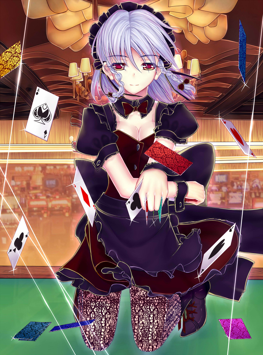 absurdres ace_of_spades alternate_costume bad_id bad_pixiv_id braid breasts card cleavage highres izayoi_sakuya kneeling maid_headdress medium_breasts pantyhose playing_card puffy_short_sleeves puffy_sleeves red_eyes short_hair short_sleeves silver_hair solo touhou twin_braids wrist_cuffs xiaoai