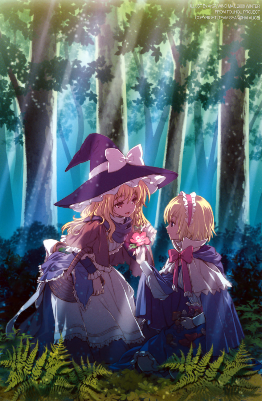 absurdres alice_margatroid an2a apron basket blonde_hair bow braid cape capelet embellished_costume flower forest forest_of_magic hairband hat hat_bow highres kirisame_marisa long_hair long_sleeves multiple_girls mushroom nature orange_eyes purple_eyes scarf short_hair side_braid single_braid touhou tree witch_hat