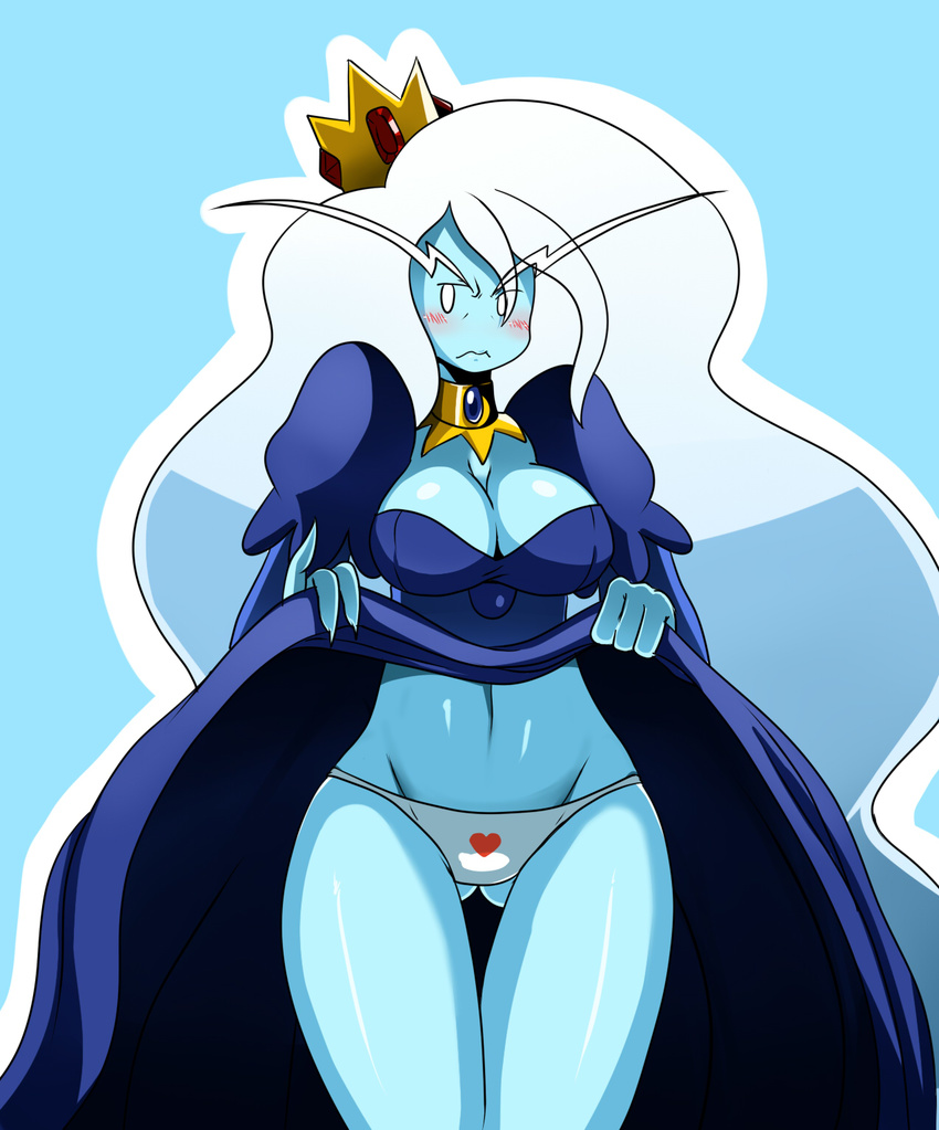 1girl adventure_time blue_background blue_skin blush breasts cleavage crown curvy dress dress_lift eric_lowery eyebrows frown heart highres ice_queen jewelry large_breasts long_hair navel panties simple_background solo ss2_(artist) thigh_gap thighs underwear very_long_hair white_hair white_panties wide_hips
