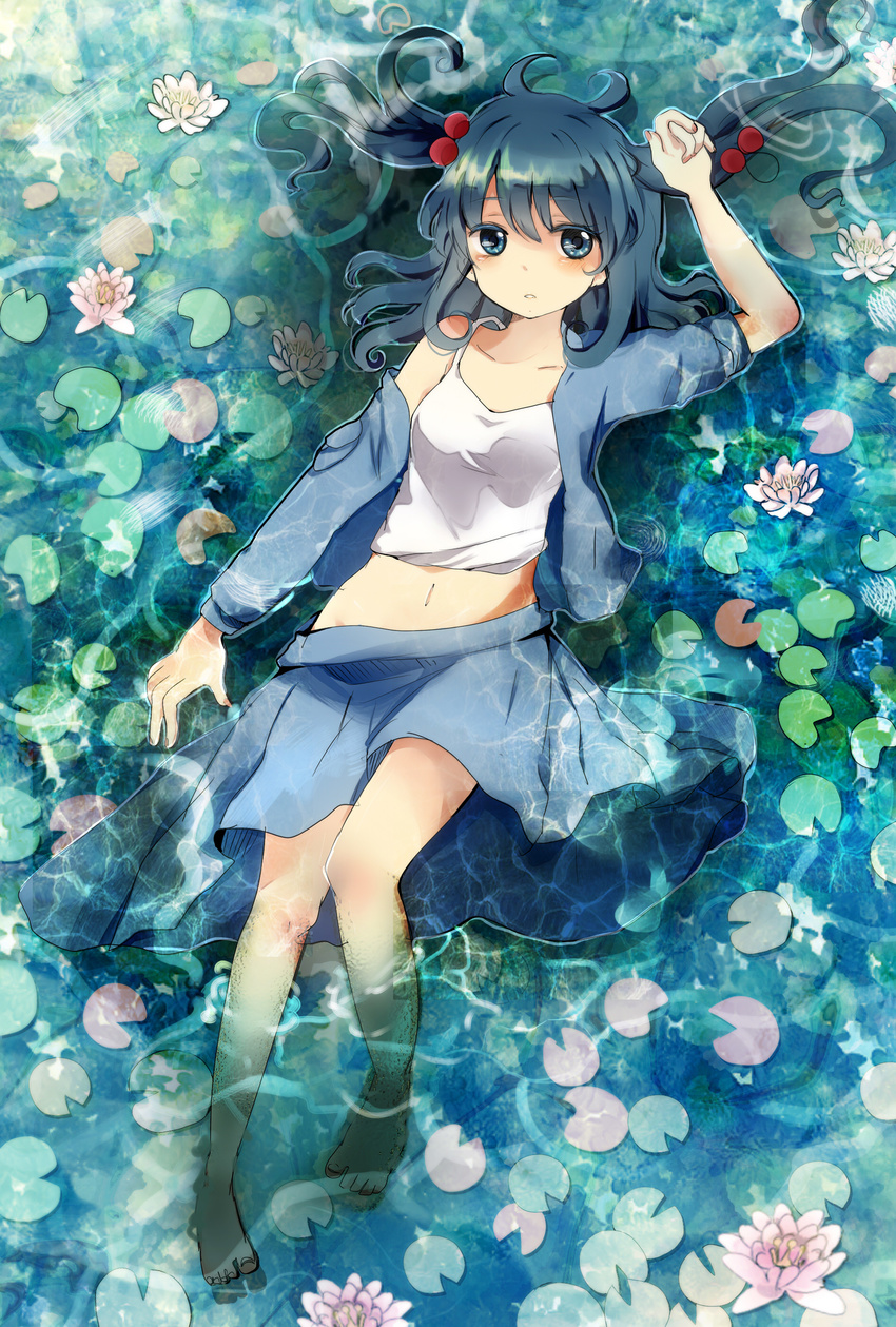 absurdres blue_eyes blue_hair blush hair_bobbles hair_ornament highres kawashiro_nitori long_sleeves lying navel off_shoulder partially_submerged short_hair shromann sleeves_rolled_up solo touhou two_side_up