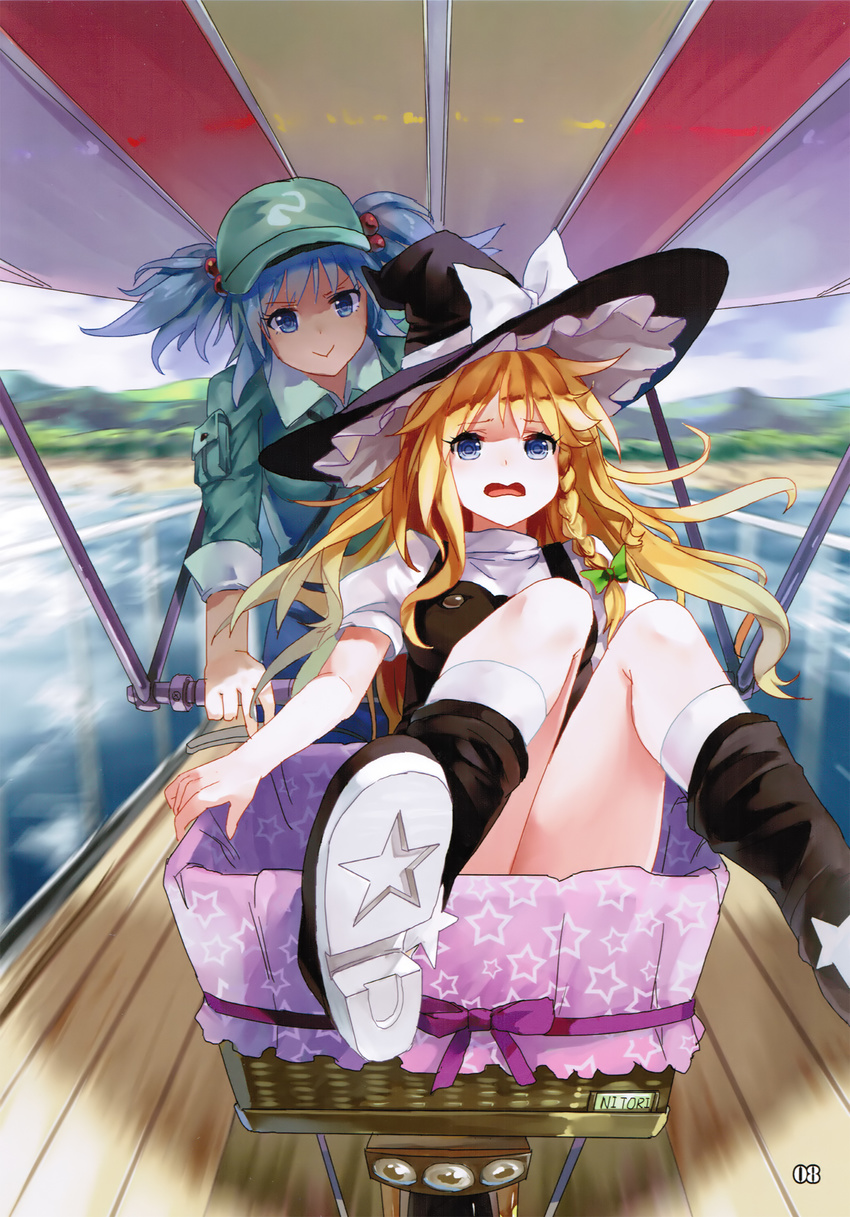77gl :&gt; bangs baseball_cap basket bicycle bicycle_basket black_footwear blonde_hair blue_eyes blue_hair boots bow braid ground_vehicle hair_bobbles hair_bow hair_ornament hang_gliding hat hat_bow hat_ribbon highres in_basket kawashiro_nitori kirisame_marisa kneehighs long_hair looking_at_viewer motion_blur multiple_girls non-web_source open_mouth page_number pink_ribbon ribbon riding scan shirt shoe_soles short_sleeves side_braid single_braid sitting sleeves_folded_up star star_print touhou two_side_up wavy_mouth white_bow white_legwear white_ribbon white_shirt wing_collar witch_hat