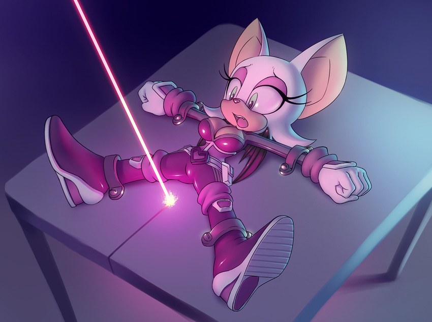 boots breasts danger female fur gloves goldfinger green_eyes laser mammal nitro open_mouth parody peril plain_background purple_clothing rouge rouge_the_bat rubber scared sega sif sonic_(series) table tied_down trapped white_fur