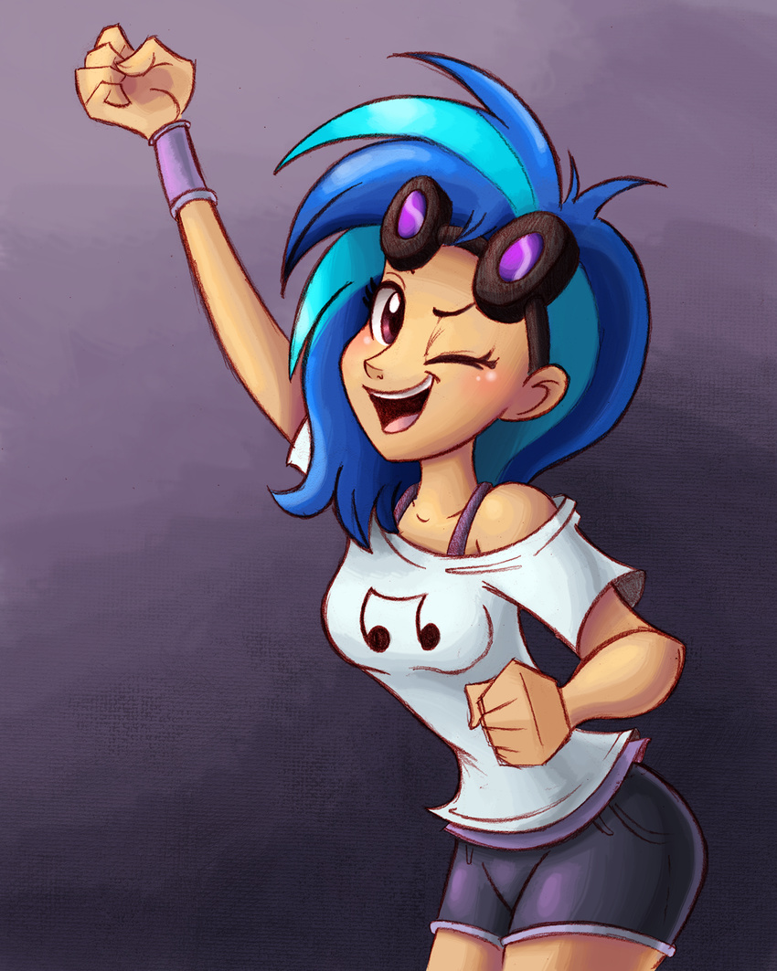 blue_hair breasts clothing eyewear female friendship_is_magic goggles hair human humanized mammal musical_note my_little_pony not_furry one_eye_closed purple_eyes ric-m shirt shorts smile solo standing vinyl_scratch_(mlp) wink
