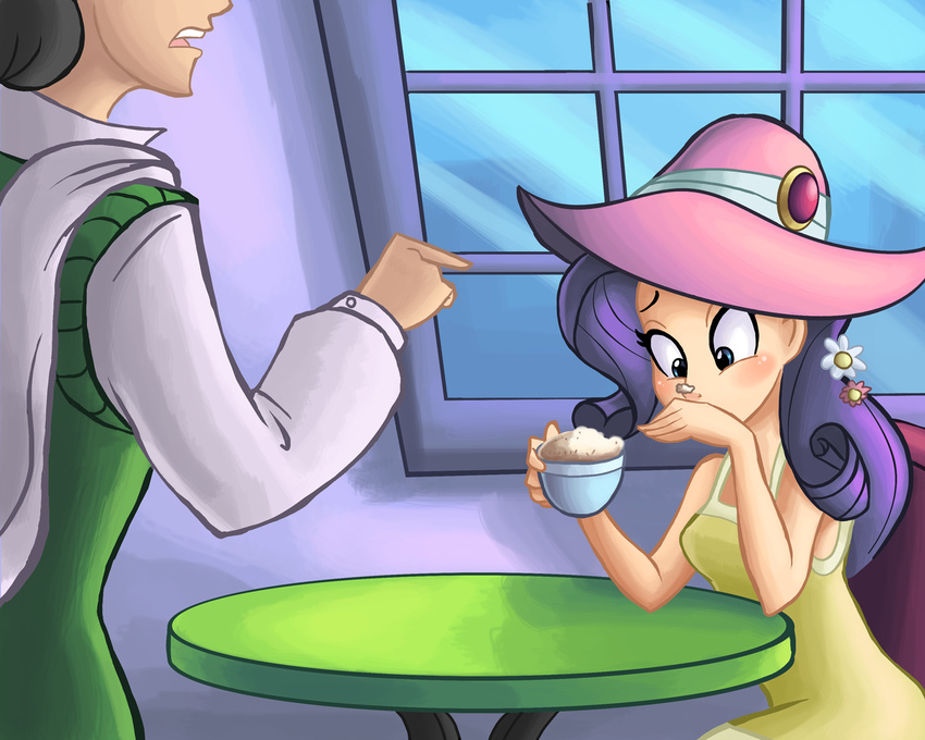 blue_eyes blush cappuccino chair clothing cup dress duo female flower foam friendship_is_magic hair hat human humanized male mammal my_little_pony not_furry outside purple_hair rarity_(mlp) ric-m table