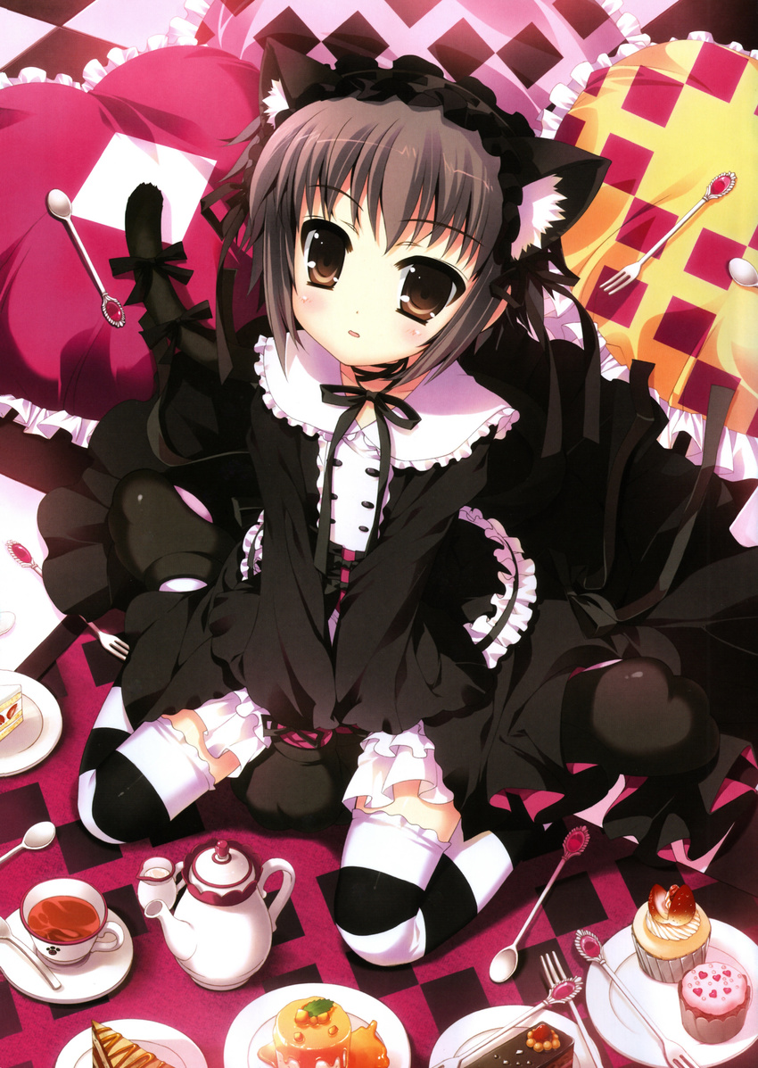 absurdres alternate_costume animal_ears brown_eyes cake cat_ears cat_tail creamer_(vessel) cup cupcake fake_animal_ears fake_tail food fork frilled_pillow frills fujima_takuya grey_hair heart highres leaf long_sleeves nagato_yuki open_mouth pie pillow plate pudding scan short_hair sitting solo spoon suzumiya_haruhi_no_yuuutsu tail tea teacup teapot thighhighs wide_sleeves