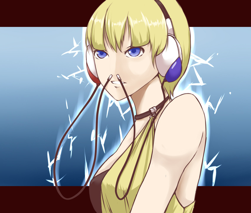 bad_id bad_pixiv_id bare_shoulders blonde_hair blue_eyes headphones kamitsure_(pokemon) nikawa_99-do nose_plug parted_lips pokemon pokemon_(game) pokemon_bw short_hair solo spark what