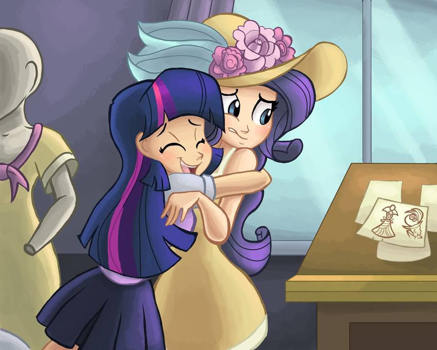 blue_eyes clothing designs desk drawing dress eyes_closed female flower friendship_is_magic hair hat hug human humanized mammal mannequin multi-colored_hair my_little_pony not_furry paper rarity_(mlp) ric-m rose shirt skirt twilight_sparkle_(mlp)