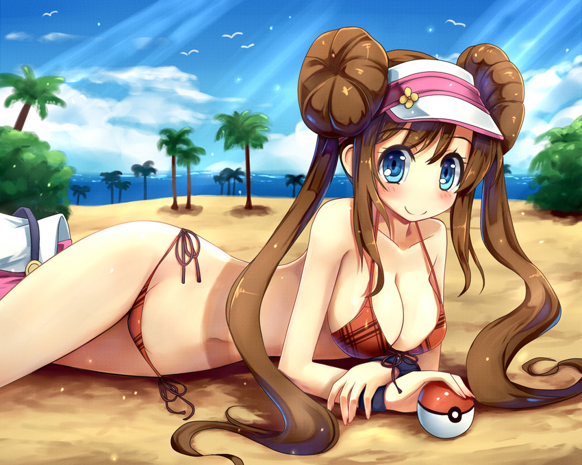 arm_support beach bikini blue_eyes blush breasts brown_hair cleavage day double_bun fingernails highres hoshi_no_gen large_breasts light_rays long_fingernails long_hair looking_at_viewer lying mei_(pokemon) navel no_nose on_side plaid poke_ball pokemon pokemon_(game) pokemon_bw2 side-tie_bikini smile solo strap_gap sunbeam sunlight swimsuit tree visor_cap