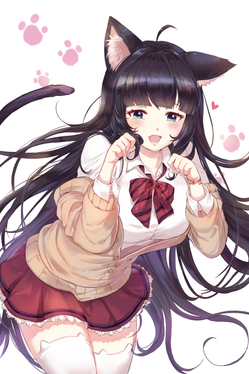 1girl absurdres ahoge animal_band_legwear animal_ears bangs black_hair blue_eyes blunt_bangs blush bow bowtie breasts cat_band_legwear cat_ears cat_tail collarbone cowboy_shot eyebrows_visible_through_hair fangs female frilled_skirt frills hands_up happy heart highres large_breasts leaning_forward long_hair long_sleeves looking_at_viewer miniskirt off_shoulder open_mouth original oso_5425 paw_pose paw_print red_neckwear red_skirt shiny shiny_hair shirt simple_background skirt smile solo standing striped_neckwear sweater tail thighhighs very_long_hair white_background white_legwear white_shirt yellow_sweater zettai_ryouiki