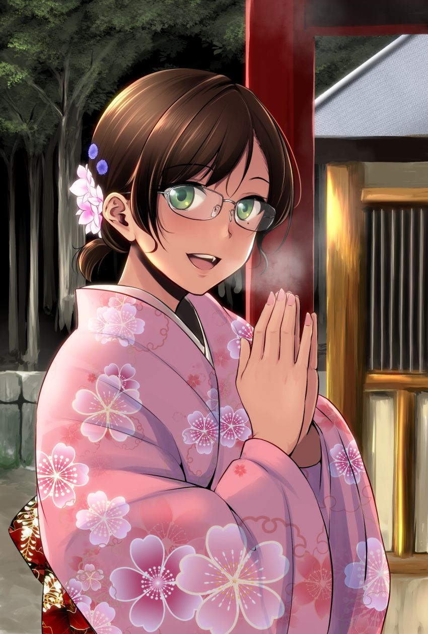 1girl :d bangs black-framed_eyewear breasts breath brown_hair day eyebrows_visible_through_hair fang fingernails floral_print flower from_side green_eyes hair_flower hair_ornament highres japanese_clothes kimono long_sleeves looking_at_viewer looking_to_the_side low_ponytail masami-san_(regdic) mole mole_under_eye nail_polish open_mouth original outdoors own_hands_together pink_kimono pink_nails print_kimono regdic short_hair shrine smile solo tree upper_body upper_teeth wide_sleeves