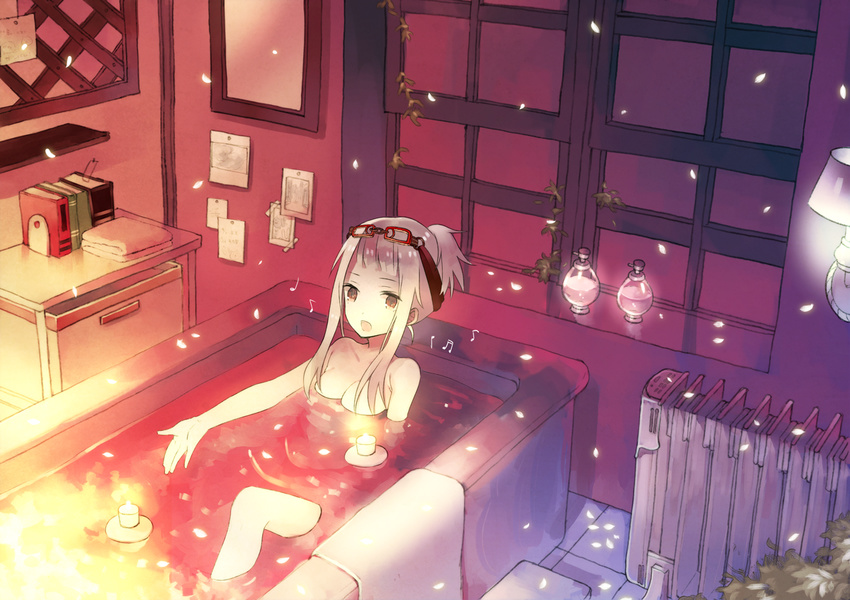 :d afloat_lantern bad_id bad_pixiv_id bangs bath bathing bathroom beamed_sixteenth_notes book bookmark breasts candle candlelight cleavage colorful eighth_note eyewear_on_head food fruit glowing glowing_petals gradient hair_over_breasts indoors knee_up looking_at_viewer matsuha_shuu medium_breasts mirror music musical_note nude o-ring open_mouth orange original outstretched_arm outstretched_hand partially_submerged petals purple quarter_note radiator ripples short_bangs short_hair_with_long_locks side_ponytail signing silver_hair singing sitting smile solo spoken_musical_note sunset tile_floor tiles towel water white_towel window