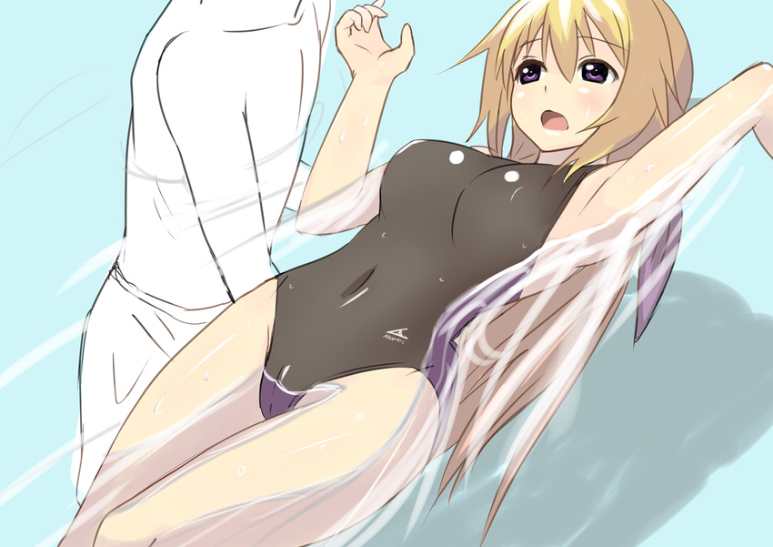 1girl afloat bad_id bad_pixiv_id blonde_hair cameltoe charlotte_dunois competition_swimsuit infinite_stratos long_hair one-piece_swimsuit partially_submerged purple_eyes sweta_(sakerflc) swimming swimsuit water