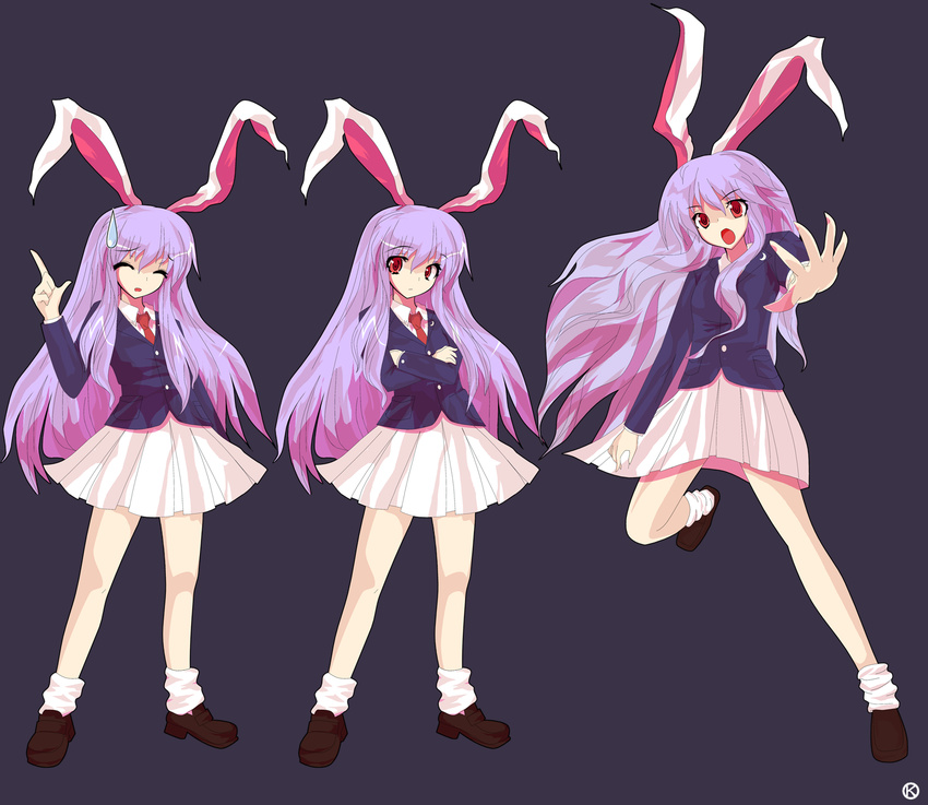 alphes_(style) animal_ears bare_legs blouse blue_background bunny_ears closed_eyes crossed_arms highres kaoru_(gensou_yuugen-an) lavender_hair loafers long_hair looking_at_viewer necktie open_mouth outstretched_arm parody pointing pointing_up red_eyes red_neckwear reisen_udongein_inaba shirt shoes simple_background socks standing standing_on_one_leg style_parody sweatdrop touhou very_long_hair vest