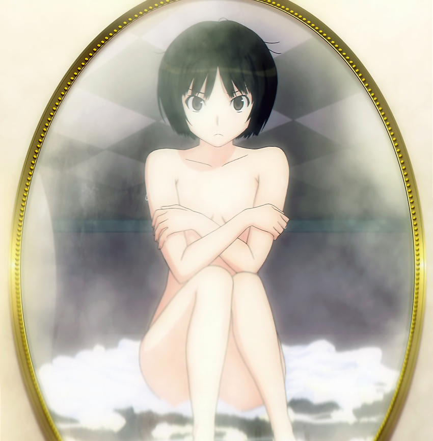 amagami black_hair bob_cut brown_eyes checkered covering covering_breasts crossed_arms flat_chest frown highres legs long_legs messy_hair mirror non-web_source nude on_floor reflection screencap short_hair sitting solo stitched tachibana_miya third-party_edit towel wet