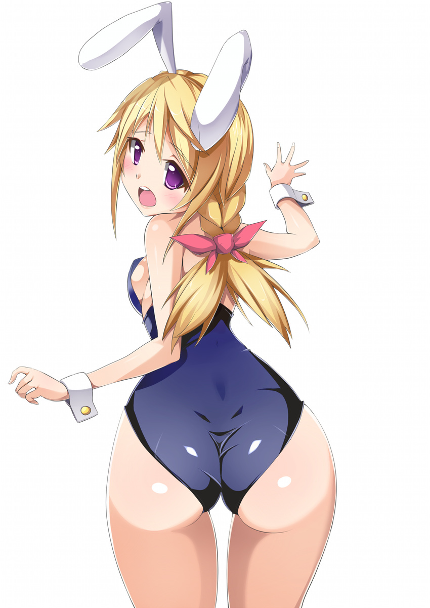 animal_ears ass bad_id bad_pixiv_id bare_legs blonde_hair bunny_ears bunny_girl bunnysuit charlotte_dunois from_behind highres infinite_stratos karaage_teishoku_(regret1994) leotard long_hair looking_back one-piece_swimsuit purple_eyes school_swimsuit solo swimsuit wide_hips wrist_cuffs
