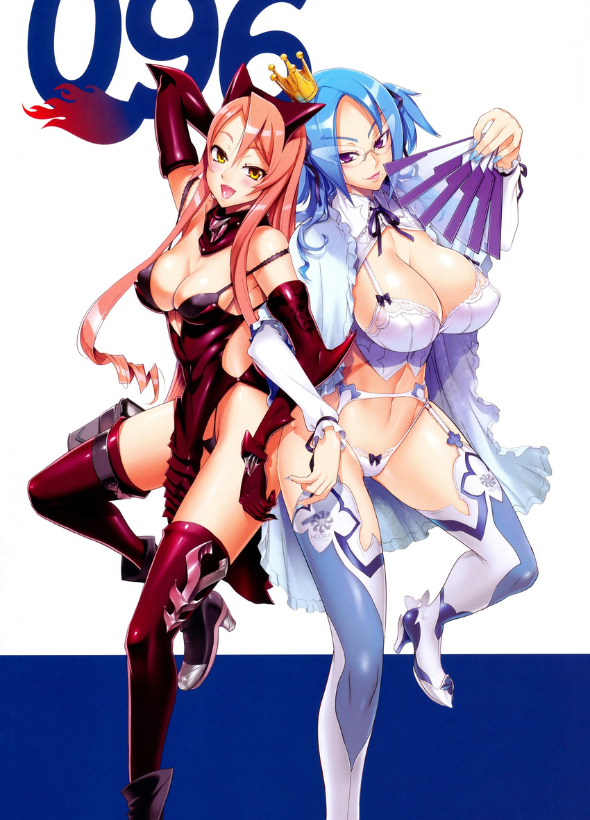 :d age_difference arm_up back-to-back bangs black_panties blue_hair blue_legwear blush book boots bow bow_bra bow_panties bra breasts bustier cleavage covered_nipples crown detached_collar dress drill_hair elbow_gloves fan fay_hound fingernails fire_fire_fire folding_fan frills g-string garter_belt glasses gloves gradient groin hair_between_eyes hair_ribbon hairband hand_behind_head high_heels highleg highleg_panties highres holding holster huge_breasts lace lace-trimmed_panties large_breasts leg_lift legs lingerie lipstick locked_arms long_fingernails long_hair long_legs long_sleeves looking_at_viewer makeup mature mini_crown mizunuma_rena mold mole mole_under_mouth multiple_girls nail_polish navel neck_ribbon number official_art open_clothes open_mouth open_robe panties pink_hair pose profile puffy_sleeves purple_eyes red_legwear ribbon robe satou_shouji seductive_smile shiny shiny_clothes shoes short_twintails side_cutout side_slit sideboob sidelocks smile spikes standing standing_on_one_leg strap_slip thick_thighs thigh_boots thigh_holster thigh_strap thighhighs thighs thong transparent twintails two_side_up underwear very_long_hair white_legwear white_panties wide_hips wrist_ribbon yellow_eyes