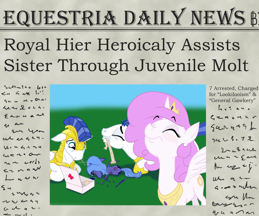 abuse armor blood bruise crown crying cutie_mark english_text equine eyes_closed female feral first_aid friendship_is_magic gavalanche gore hair horn horse long_hair male mammal my_little_pony newspaper pegasi_guard_(mlp) pegasus photo pink_hair plucking pony princess_luna_(mlp) royal_guard_(mlp) royalty scissors tears text winged_unicorn wings