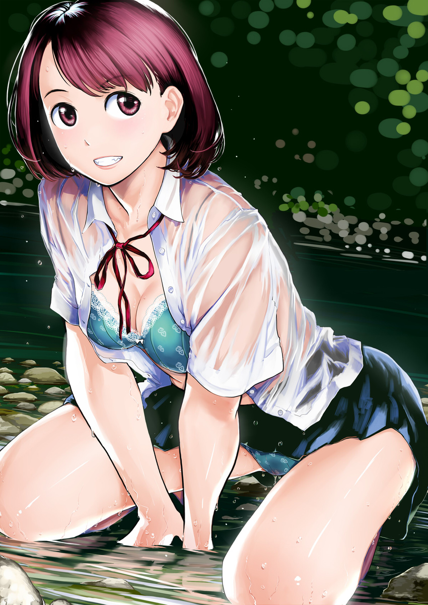 bra breasts brown_eyes brown_hair cleavage grin highres kneeling medium_breasts open_clothes open_shirt original panties pantyshot ribbon school_uniform see-through shirt skirt smile solo twinpoo underwear wet wet_clothes wet_shirt