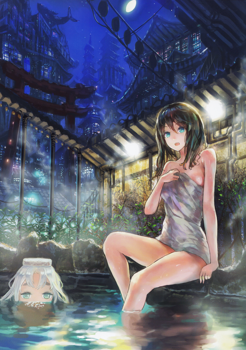 :d absurdres architecture arm_support black_hair blue_eyes bubble bubble_blowing building denki east_asian_architecture highres long_hair looking_at_viewer multiple_girls night night_sky object_on_head onsen open_mouth original scan scenery silver_hair sitting sky smile soaking_feet towel water wet