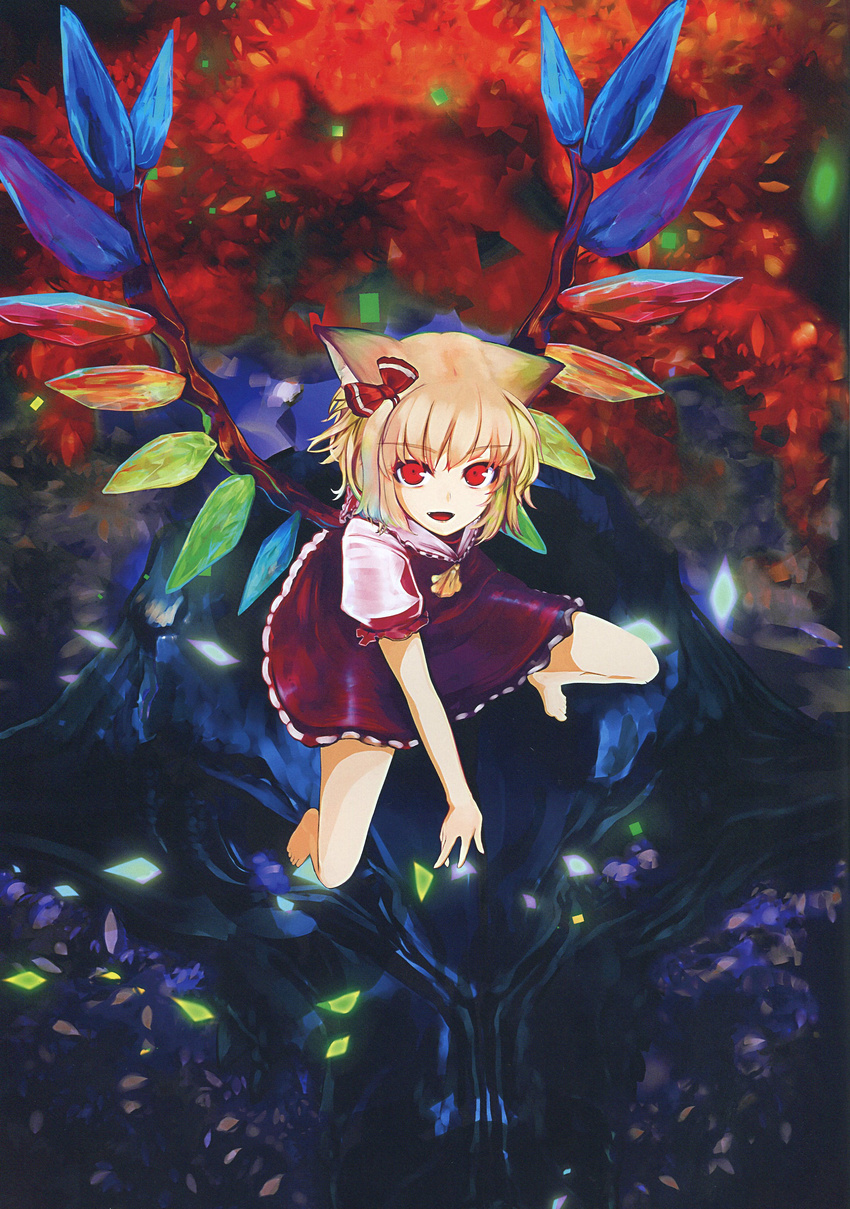 :d absurdres animal_ears ascot barefoot blonde_hair bow cat_ears fang flandre_scarlet hair_bow highres kemonomimi_mode looking_at_viewer no_hat no_headwear non-web_source open_mouth red_eyes scan short_hair skull smile solo touhou virus_(obsession) wings