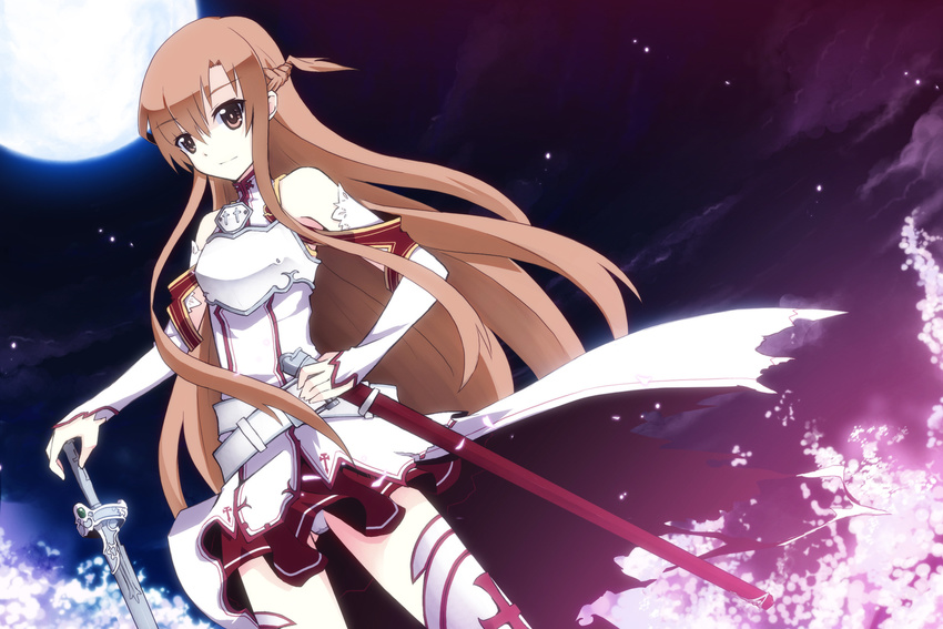 asuna_(sao) bare_shoulders breastplate brown_eyes brown_hair detached_sleeves hand_on_hilt hand_on_hip highres long_hair moon night planted_sword planted_weapon skirt smile solo sword sword_art_online thighhighs uiu weapon white_legwear