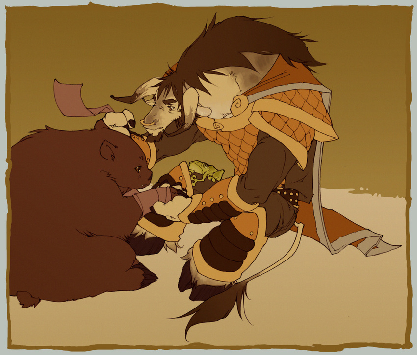 amphibian anthro armor bandage bear bovine brown_fur brown_hair cape chubby duo feral frog fur hair healing horn klar klar_(artist) male mammal sarah_jaffe sitting tauren video_games warcraft world_of_warcraft