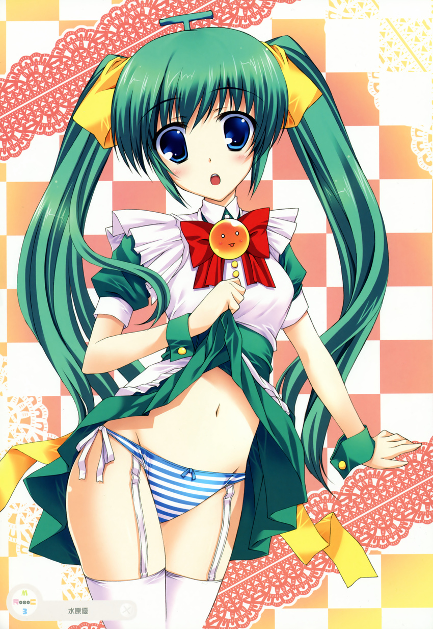 :o absurdres blue_eyes blush bow checkered checkered_background dress dress_lift garter_straps green_hair groin highres long_hair looking_at_viewer melon-chan melonbooks mizuhara_yuu navel panties scan side-tie_panties solo striped striped_panties thighhighs twintails underwear white_legwear wrist_cuffs yellow_bow