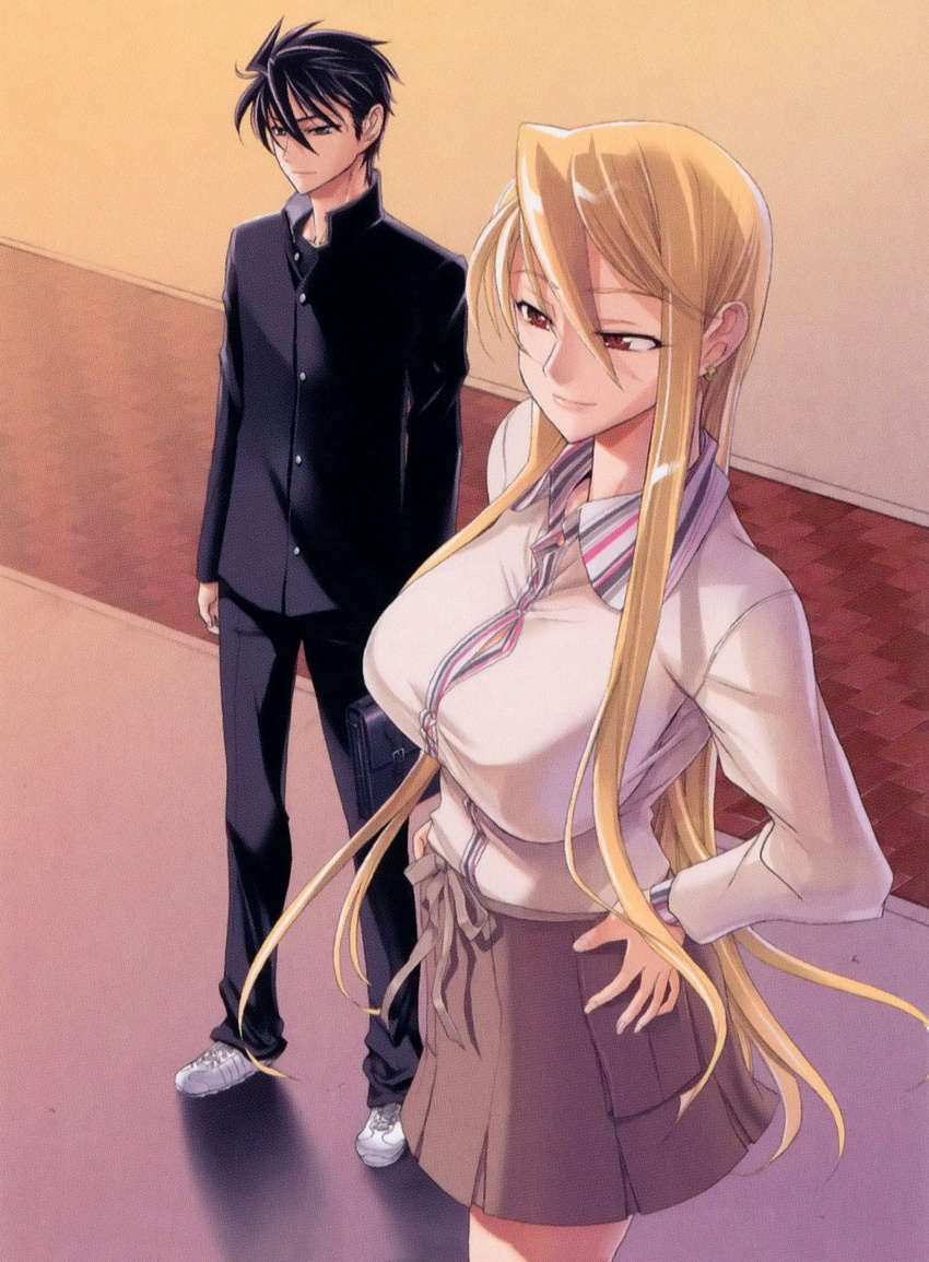 blonde_hair breasts brown_hair earrings highres highschool_of_the_dead jewelry komuro_takashi large_breasts marikawa_shizuka official_art red_eyes satou_shouji shirt short_hair skirt smile standing white_shirt