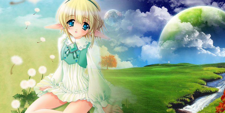 blonde_hair cloud dream elf flowers girl grass green hair landscape planet scenic sky