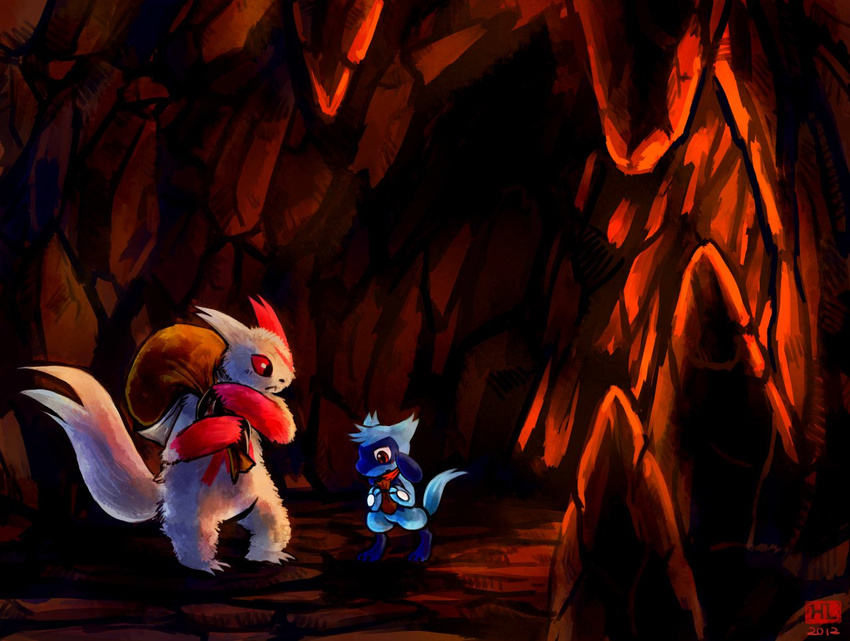 ambiguous_gender cave claws haychel markings nintendo pok&#233;mon pok&eacute;mon red_eyes red_markings riolu sack video_games zangoose