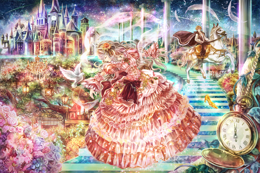 1girl bad_id bad_pixiv_id bird blonde_hair brown_hair building cape castle cinderella colorful dove dress feathers flower gate hair_flower hair_ornament horse horseback_riding lantern long_hair original pocket_watch riding silver_hair stairs torino_akua watch