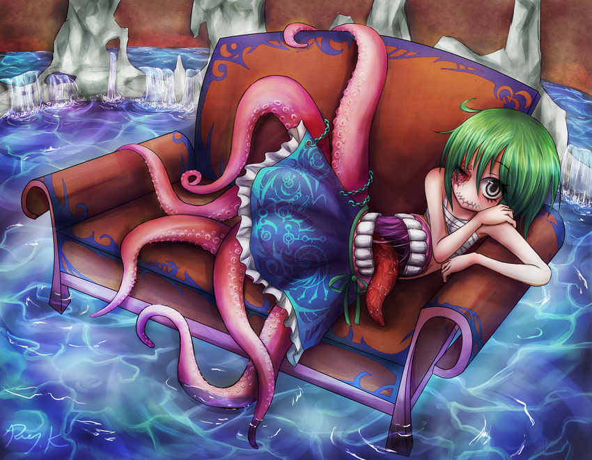 1girl burn couch green_hair highres monster_girl mouth original ray-k scar scylla silver_eyes smile solo stitched_mouth teeth tentacle tongue water