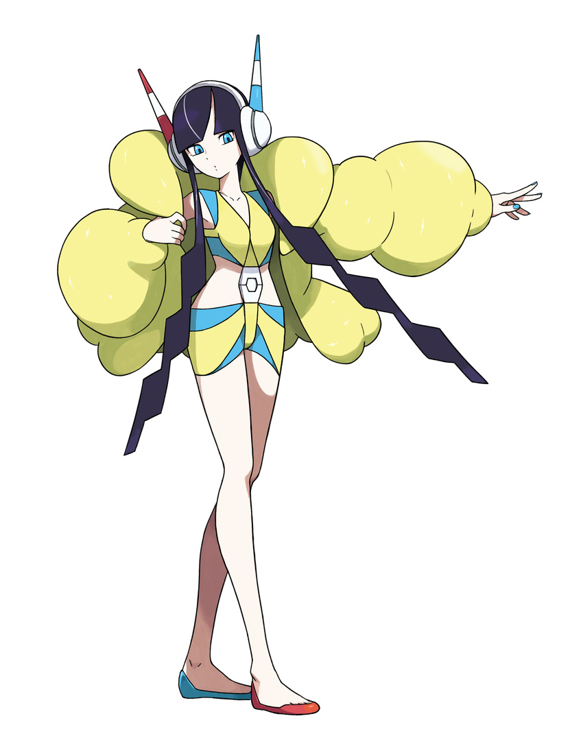 1girl absurdres blue_eyes female flats full_body gym_leader headphones highres kamitsure_(pokemon) long_hair nintendo official_art ohmura_yusuke pokemon pokemon_(game) pokemon_black_and_white_2 pokemon_bw2 puffy_jacket simple_background solo standing toe_cleavage twintails white_background