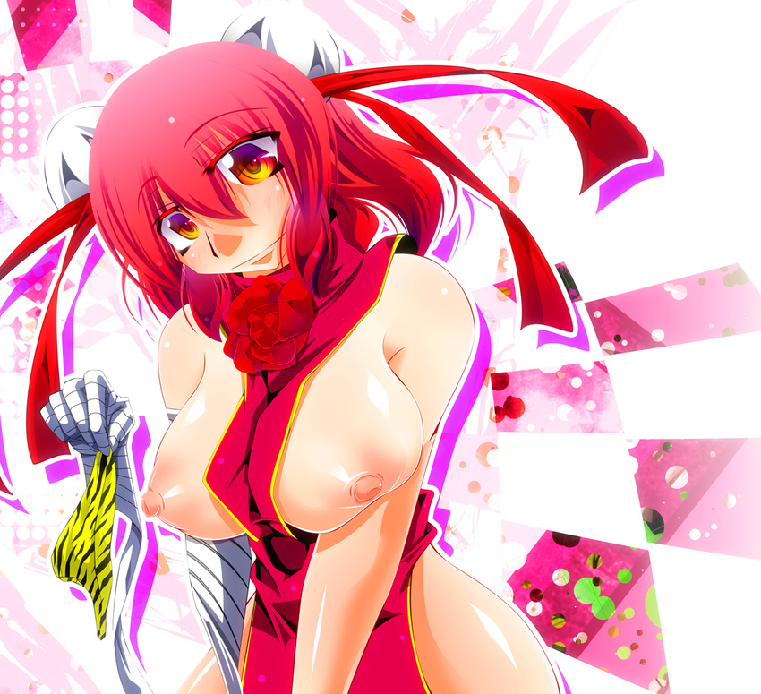 1girl bare_shoulders breasts breasts_outside endou_tatsumi female hair_bun hair_ornament holding holding_panties huge_breasts ibara_kasen ibaraki_kasen nipples no_bra panties puffy_nipples red_hair short_hair solo standing tabard touhou underwear yellow_eyes