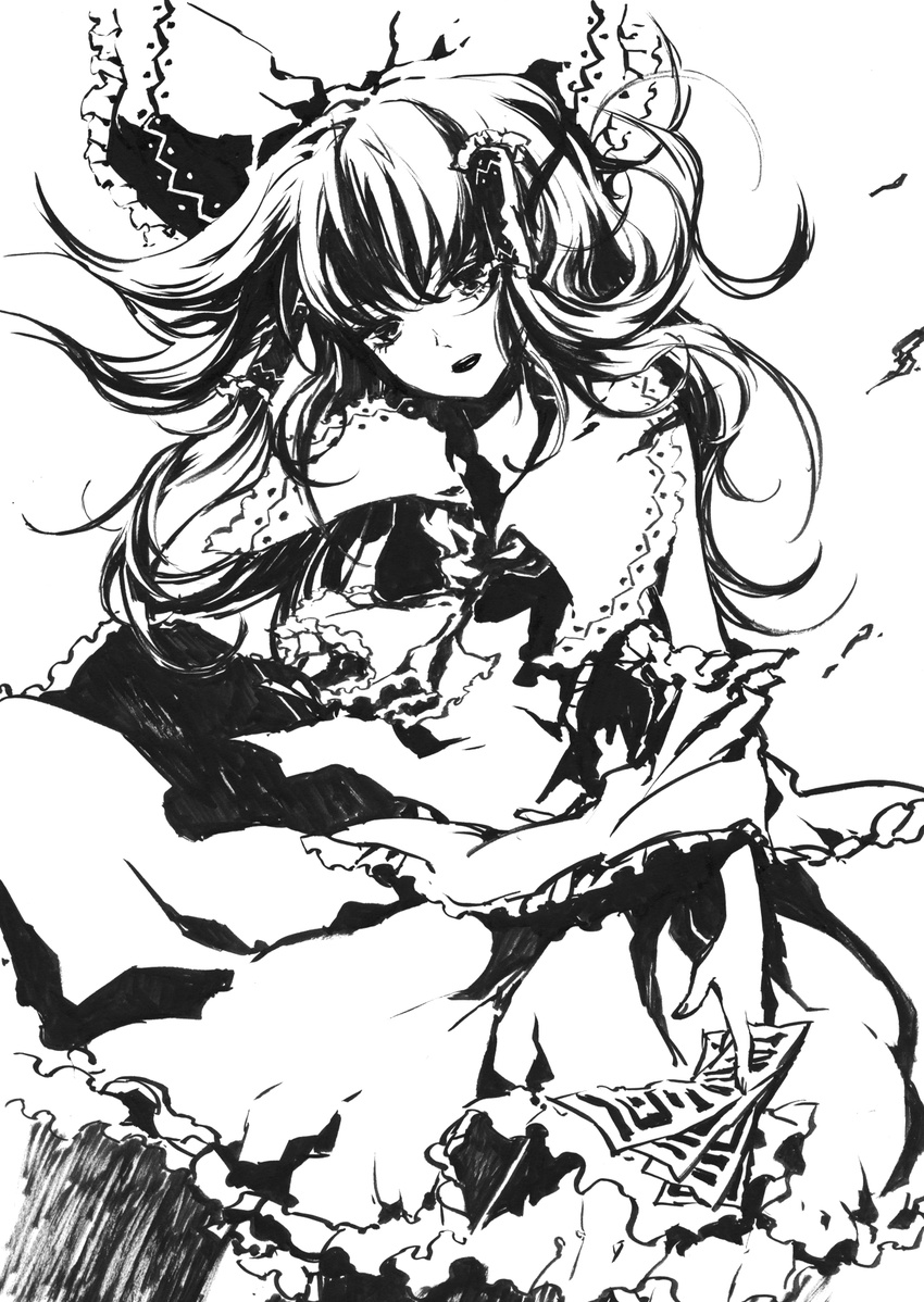 between_fingers bow floating_hair greyscale hair_bow hair_tubes hakurei_reimu high_contrast highres long_hair monochrome ofuda open_mouth ritz_(h322) solo touhou traditional_media