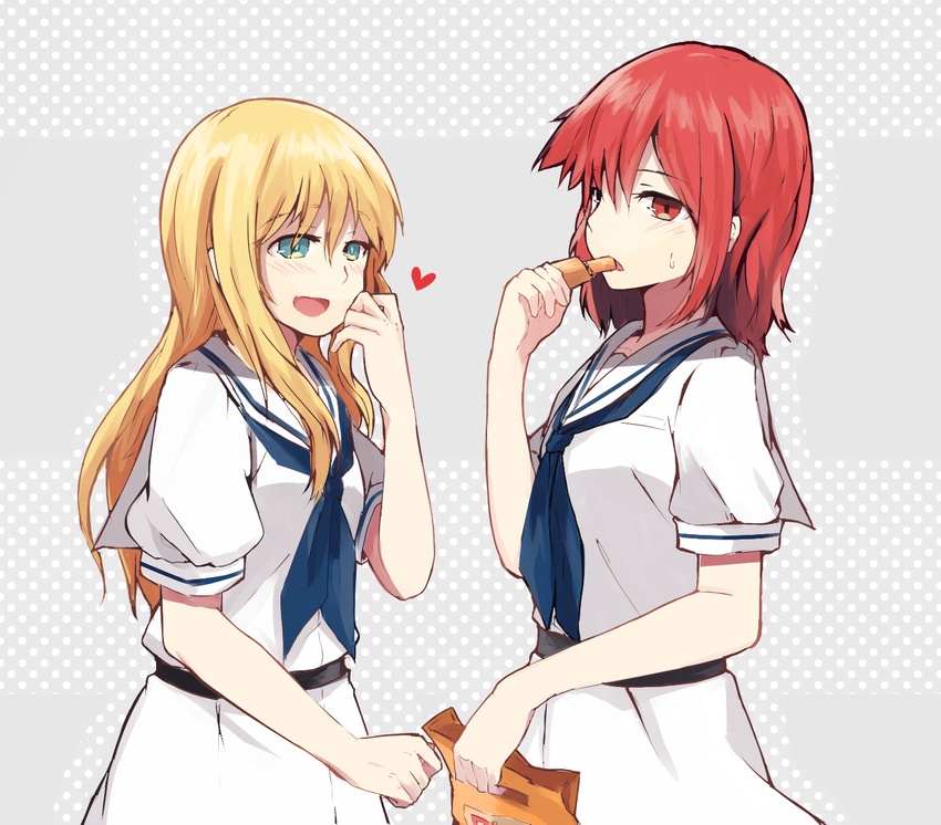 aoki_shizumi bad_id bad_pixiv_id bag belt blonde_hair blush eating green_eyes heart long_hair miyanaga_teru multiple_girls oohoshi_awai open_mouth red_eyes red_hair sailor_collar saki school_uniform shiraitodai_school_uniform short_sleeves skirt white_skirt