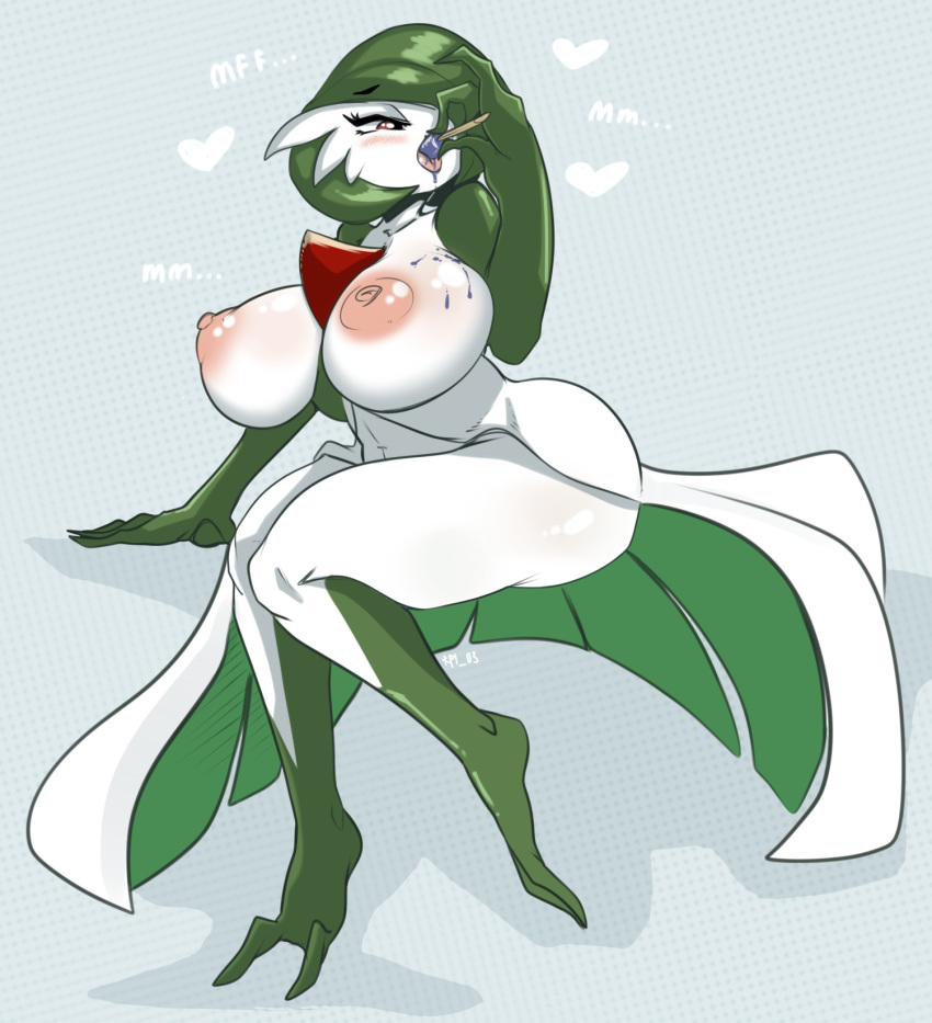 &lt;3 big_breasts blush breasts candy curvaceous female food gardevoir huge_breasts humanoid karakylia lollipop nintendo nipples not_furry pok&eacute;mon pok&eacute;mon_(species) solo thick_thighs tongue tongue_out video_games