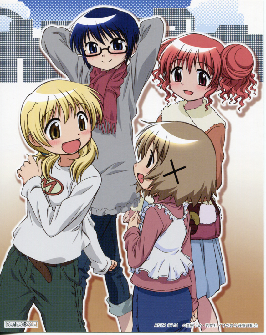 :d absurdres artist_request blonde_hair blue_eyes blue_hair blush brown_eyes brown_hair casual double_bun hair_ornament hairclip hidamari_sketch highres hiro miyako multiple_girls official_art open_mouth pink_eyes red_eyes sae scan scarf short_hair skirt smile yuno