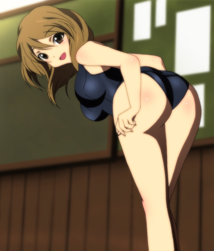 ass brown_hair character_request classroom happy highres k-on! short_hair smile swimsuit tachibana_himeko yadokari_genpachirou