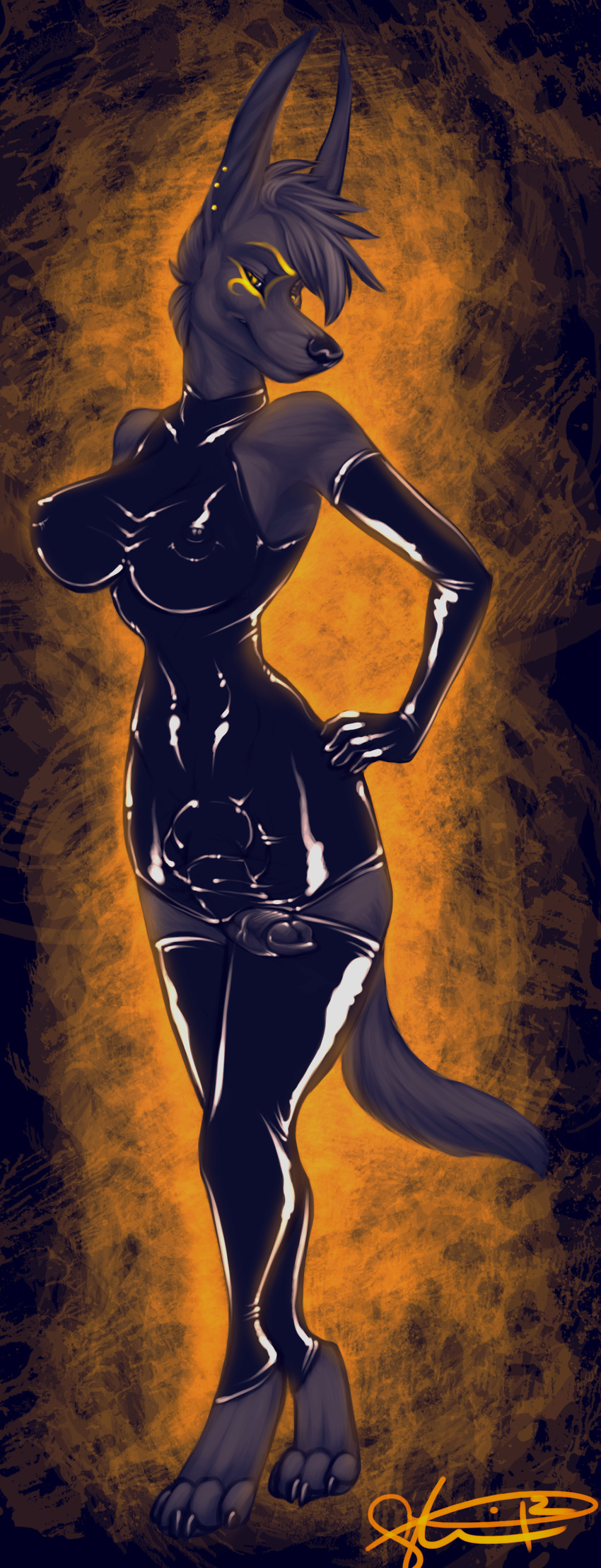 anthro anubian_jackal anubis anubite balls breasts canine clothing deity dickgirl ear_piercing elbow_gloves gloves hi_res intersex jackal knot latex legwear looking_at_viewer mammal nefer penis piercing pose rokemi rubber solo standing stockings yellow_eyes