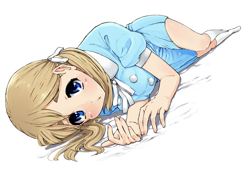 bad_id bad_pixiv_id blonde_hair blue_eyes blush dress highres k-on! k-on!_movie kotobuki_tsumugi long_hair looking_at_viewer lying omaru_gyuunyuu on_side perspective singing! skirt socks solo twintails