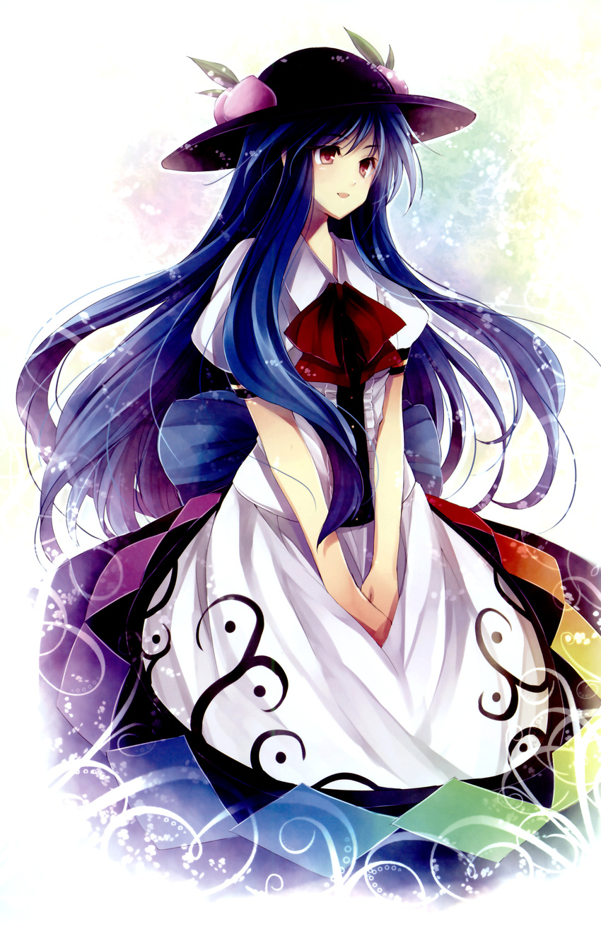 absurdres blue_hair bow food fruit hagiwara_rin hat highres hinanawi_tenshi leaf long_hair open_mouth peach puffy_sleeves red_eyes scan short_sleeves solo touhou very_long_hair