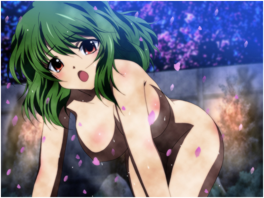 blush breasts cherry_blossoms female green_hair highres kazami_yuuka large_breasts nude onsen short_hair touhou yadokari_genpachirou