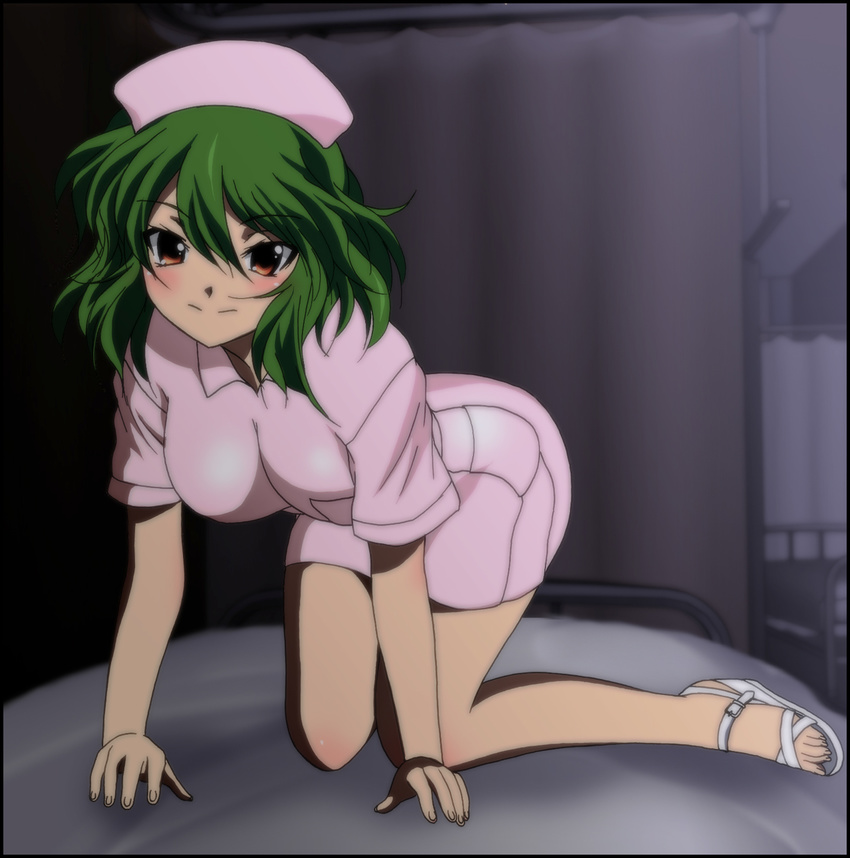 blush breasts cosplay female green_hair highres kazami_yuuka nurse short_hair smile touhou yadokari_genpachirou